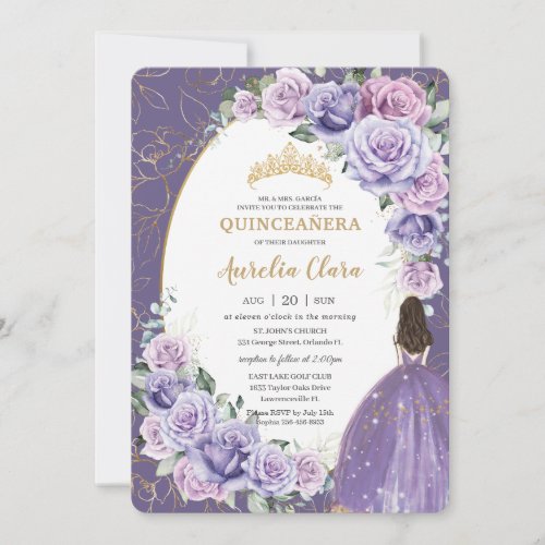 Quinceaera Purple Lilac Floral Gold Princess Invitation