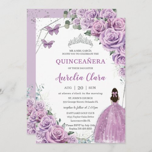 Quinceaera Purple Lilac Floral Princess Birthday Invitation