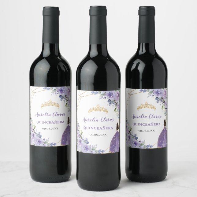 Quinceañera Purple Lilac Floral Princess Gown Gold Wine Label (Bottles)