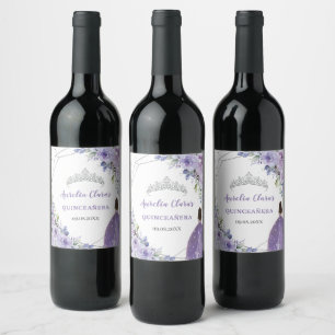 Quinceañera Purple Lilac Floral Princess Silver Wine Label