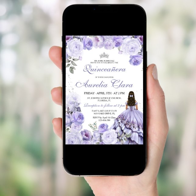 Quinceañera Purple Lilac Floral Princess Spanish Invitation (Front Digital)