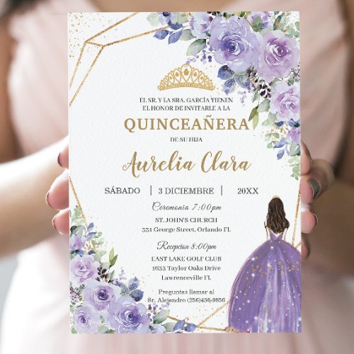 Quinceaera Purple Lilac Floral Princess Spanish Invitation