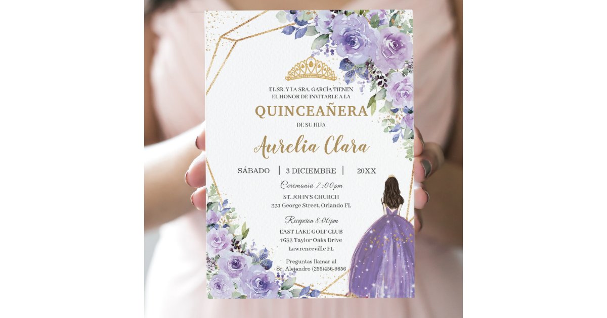 Quinceañera Purple Lilac Floral Princess Spanish Invitation Zazzle