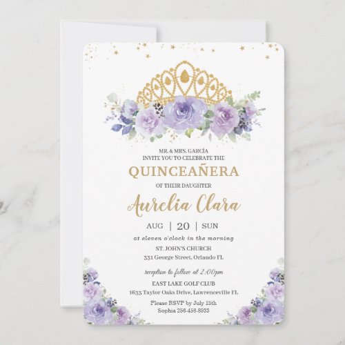 Quinceaera Purple Lilac Floral Princess Tiara  Invitation