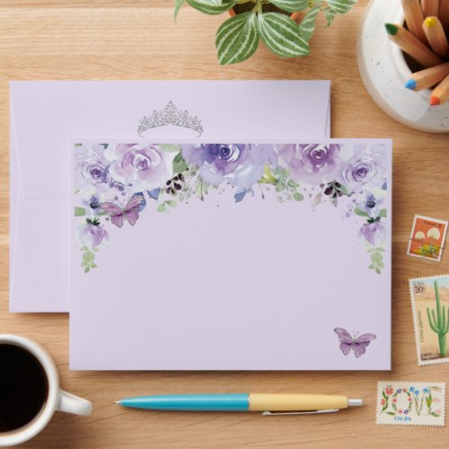 Quinceaera Purple Lilac Floral Silver Butterflies Envelope