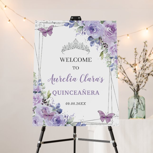 Quinceañera Purple Lilac Floral Silver Butterflies Foam Board (In Situ (Stand))