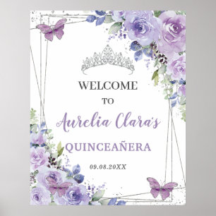 Quinceañera Purple Lilac Floral Silver Butterflies Poster