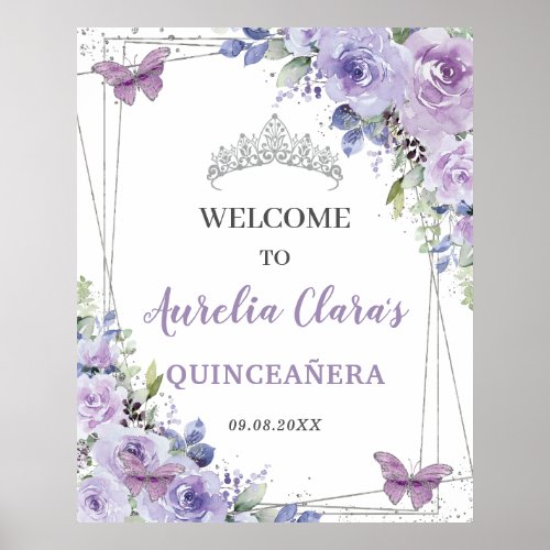 Quinceaera Purple Lilac Floral Silver Butterflies Poster