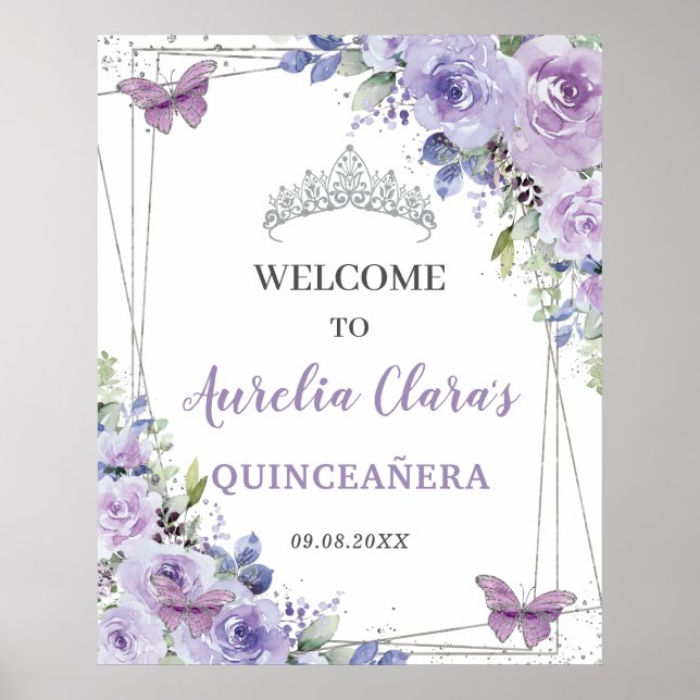 Quinceañera Purple Lilac Floral Silver Butterflies Poster (Front)