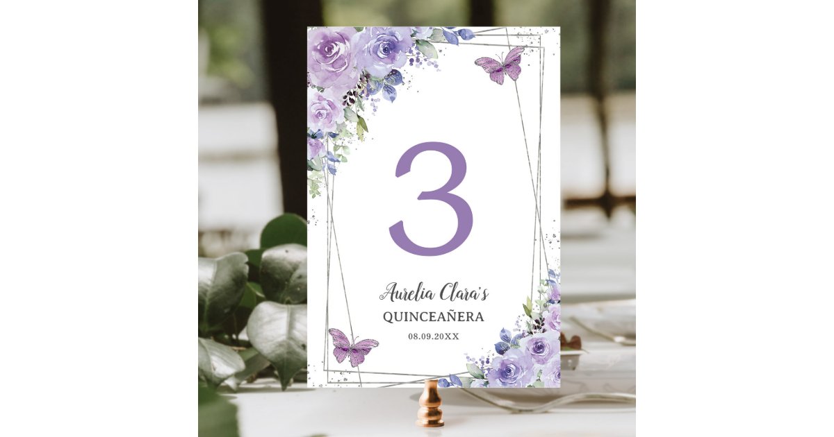 Quinceañera Purple Lilac Floral Silver Butterflies Table Number