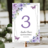 Quinceañera Purple Lilac Floral Gold Butterflies Table Number