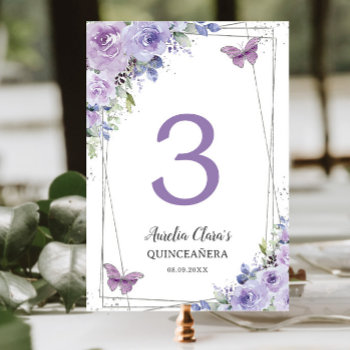 Quinceañera Purple Lilac Floral Silver Butterflies Table Number by LollipopParty at Zazzle