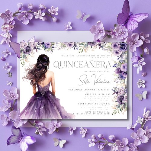 Quinceaera Purple Lilac Floral Silver Gown Invitation