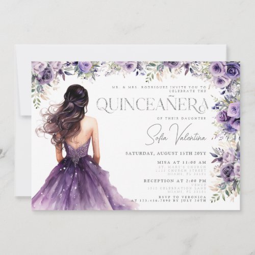 Quinceaera Purple Lilac Floral Silver Gown Invitation