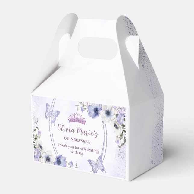 Quinceañera Purple Lilac Floral Tiara Butterflies  Favor Boxes (Front Side)
