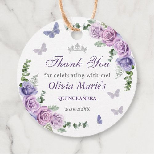 Quinceaera Purple Lilac Floral Tiara Butterflies Favor Tags