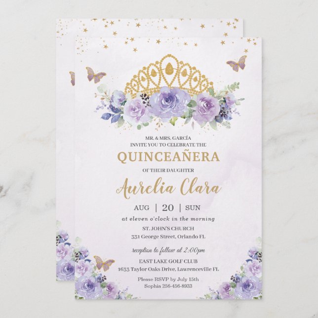 Quinceañera Purple Lilac Floral Tiara Butterflies Invitation (Front/Back)