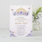 Quinceañera Purple Lilac Floral Tiara Butterflies Invitation (Standing Front)