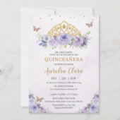 Quinceañera Purple Lilac Floral Tiara Butterflies Invitation (Front)