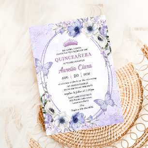 Quinceañera Purple Lilac Floral Tiara Butterflies Invitation