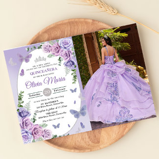 Quinceañera Purple Lilac Floral Tiara Butterflies Invitation
