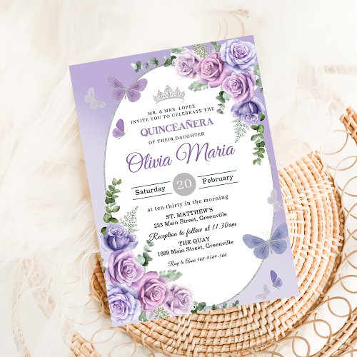 Quinceaera Purple Lilac Floral Tiara Butterflies Invitation