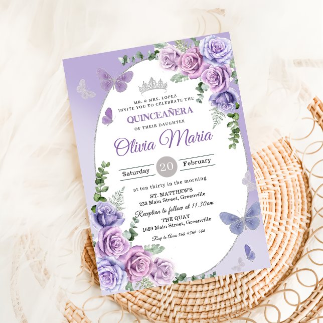 Quinceañera Purple Lilac Floral Tiara Butterflies Invitation (Creator Uploaded)
