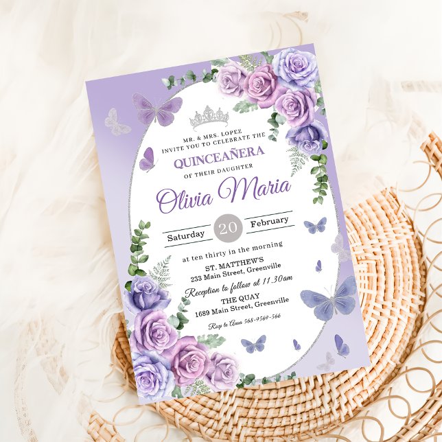 Quinceañera Purple Lilac Floral Tiara Butterflies Invitation (Creator Uploaded)
