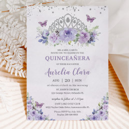 Quincea&#241;era Purple Lilac Floral Tiara Butterflies Invitation