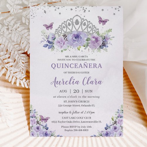 Quinceaera Purple Lilac Floral Tiara Butterflies Invitation