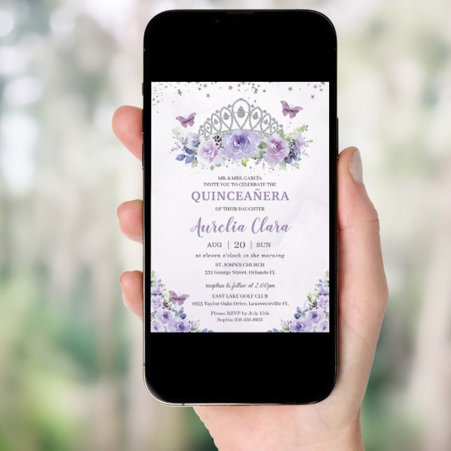 Quinceañera Purple Lilac Floral Tiara Butterflies Invitation (Front Digital)