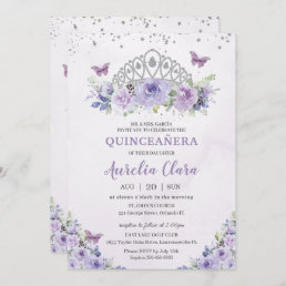 Quincea&#241;era Purple Lilac Floral Tiara Butterflies Invitation