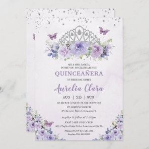 Quinceañera Purple Lilac Floral Tiara Butterflies Invitation