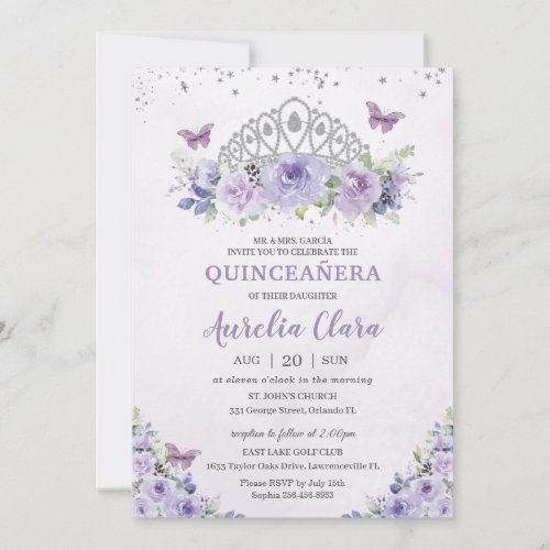 Quinceaera Purple Lilac Floral Tiara Butterflies Invitation