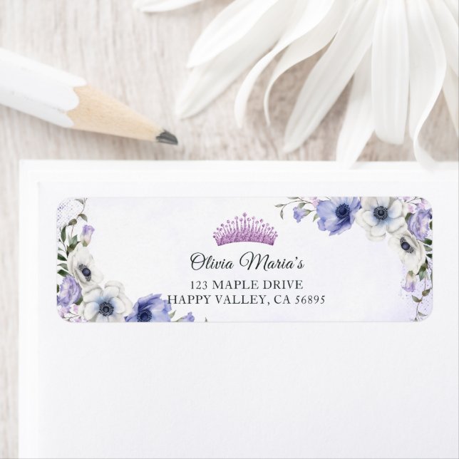 Quinceañera Purple Lilac Floral Tiara Butterflies  Label (Insitu)