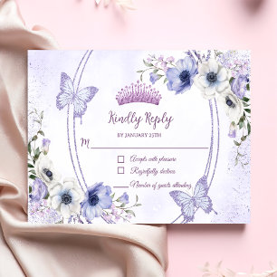 Quinceañera Purple Lilac Floral Tiara Butterflies RSVP Card
