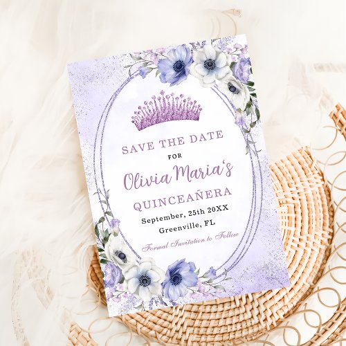 Quinceaera Purple Lilac Floral Tiara Butterflies Save The Date