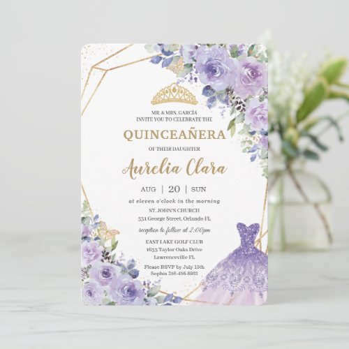 Quinceaera Purple Lilac Floral Tiara Princess  Invitation