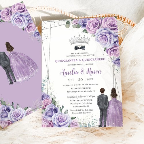 Quinceaera Purple Lilac Floral Twins Boy Girl Invitation
