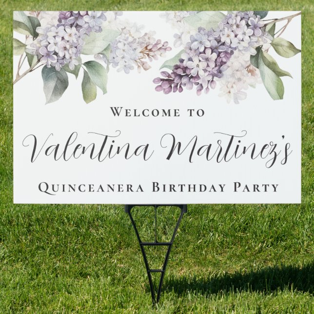 Quinceanera Purple Lilac Flower Welcome Yard Sign (Insitu)