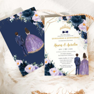 Quinceañera Purple Lilac Navy Blue Floral Twins  Invitation