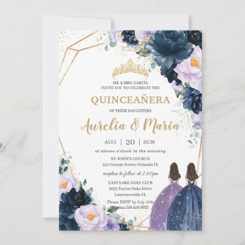 Quinceaera Purple Lilac Navy Blue Floral Twins Invitation