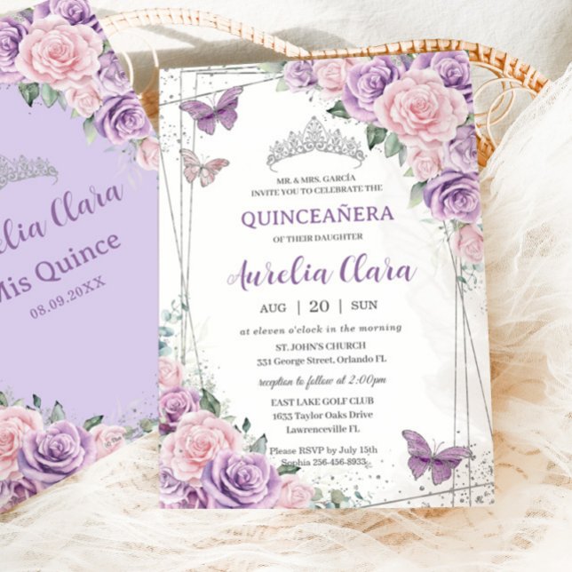 Quinceañera Purple Lilac Pink Floral Butterflies Invitation (Creator Uploaded)