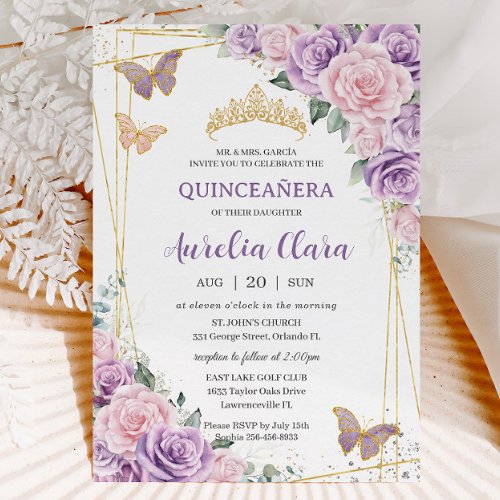 Quinceaera Purple Lilac Pink Floral Butterflies Invitation