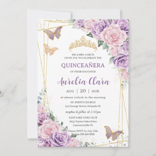 Quinceaera Purple Lilac Pink Floral Butterflies Invitation
