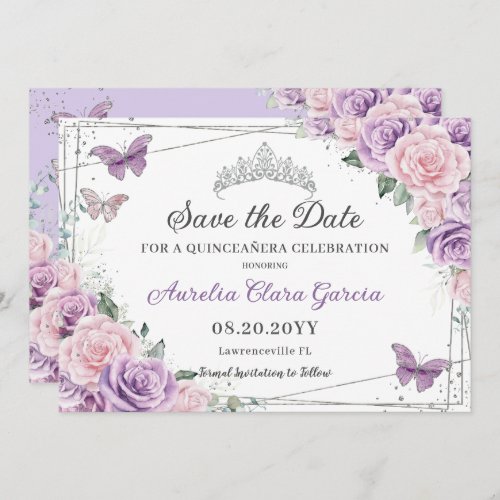 Quinceaera Purple Lilac Pink Floral Sweet Sixteen Save The Date