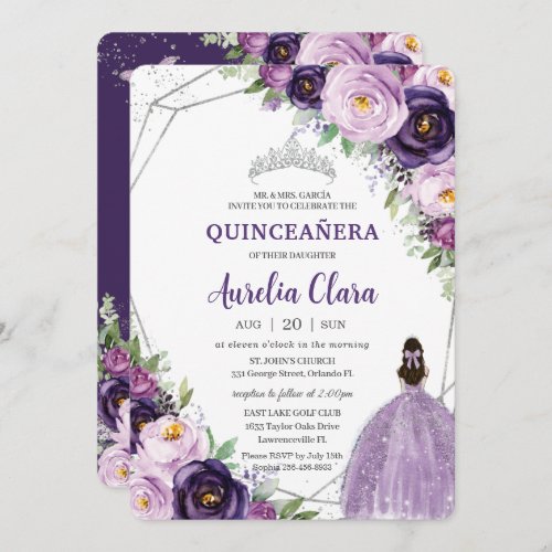 Quinceaera Purple Lilac Plum Floral Silver Dress Invitation