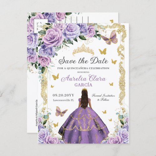 Quinceaera Purple Lilac Rose Floral Gold Princess Announcement Postcard