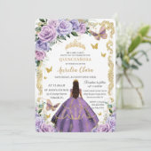 Quinceañera Purple Lilac Rose Floral Gold Princess Invitation (Standing Front)