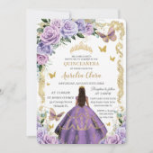 Quinceañera Purple Lilac Rose Floral Gold Princess Invitation (Front)